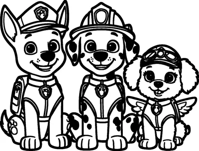 Chase, Marshall and Skye sit side by side and smile, each wearing their own cap or helmet, vest and badge.