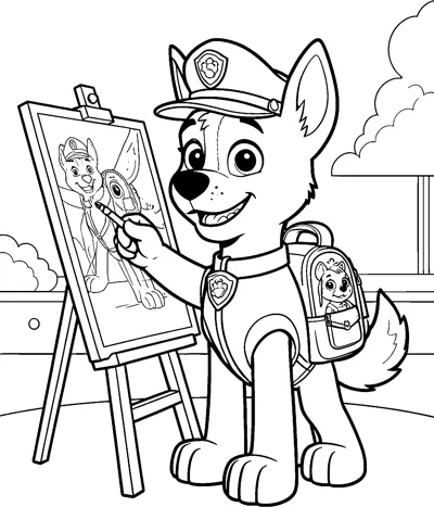 Chase paints a picture of himself on a canvas at an easel, with clouds and a building in the background.