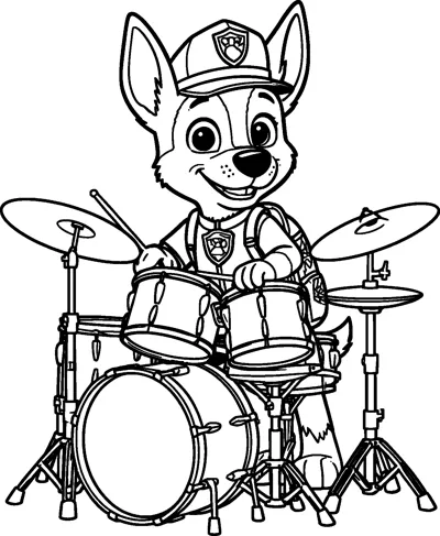 Chase sits behind a drum kit with cymbals and a bass drum, wearing his police cap, vest and badge.