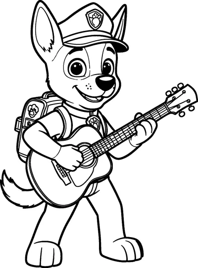 Chase stands and strums an acoustic guitar with a big smile, wearing his police cap, vest, badge and pup-pack.