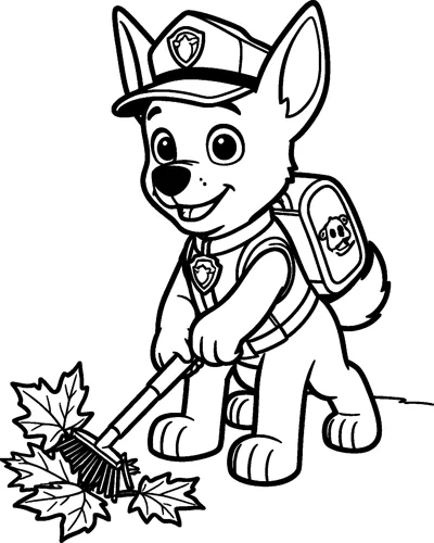 Chase rakes a pile of maple leaves on the ground, wearing his police cap, vest, collar badge and pup-pack.