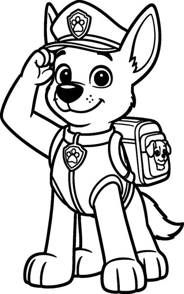 Chase stands tall and salutes with one paw at his cap, wearing his police vest, collar badge and pup-pack.