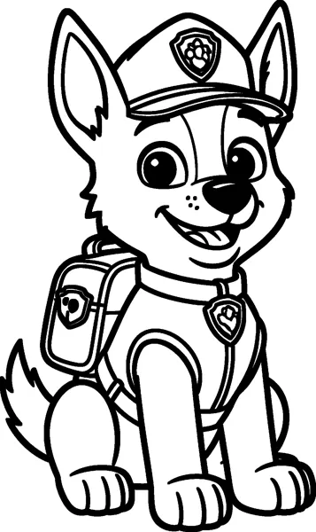 Chase the German shepherd pup sits with a big smile, wearing his police cap, vest, collar badge and pup-pack.
