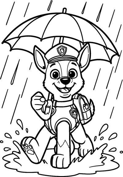 Chase walks through a puddle holding an umbrella while rain falls, wearing his police cap, vest and pup-pack.
