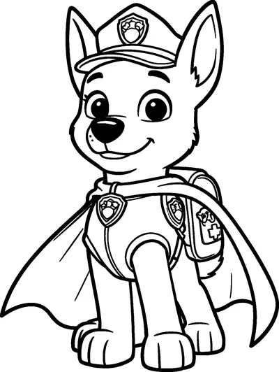 Chase stands bravely in a long flowing superhero cape over his police vest, with his cap, badges and pup-pack.