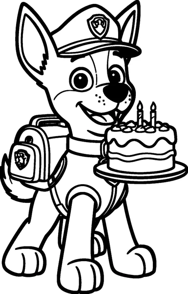 Chase carries a layered birthday cake with two lit candles on a plate, wearing his police cap, vest and pup-pack.