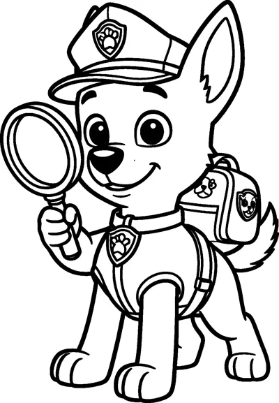 Chase holds up a big magnifying glass beside his face, wearing his police cap, vest, collar badge and pup-pack.