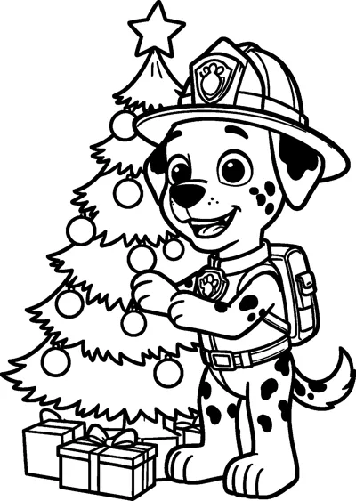 Marshall hangs a bauble on a Christmas tree with a star on top and wrapped presents underneath.