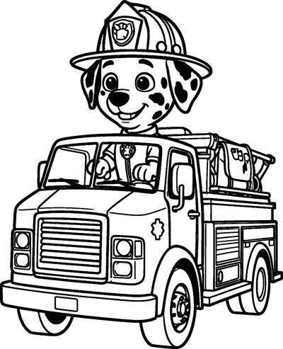 Marshall sits at the wheel of a big fire truck with a ladder on top, wearing his firefighter helmet and badge.