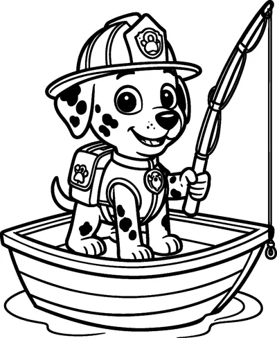 Marshall stands in a small rowing boat holding a fishing rod, wearing his firefighter helmet, badge and pup-pack.