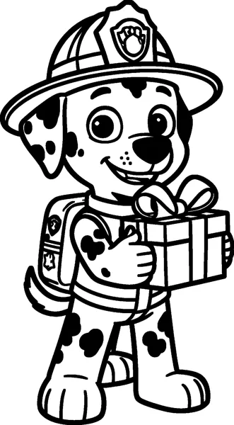 Marshall holds a wrapped present with a big bow, wearing his firefighter helmet, vest and pup-pack.
