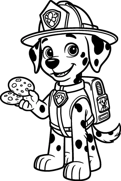 Marshall holds up two chocolate chip cookies in one paw, wearing his firefighter helmet, vest, badge and pup-pack.