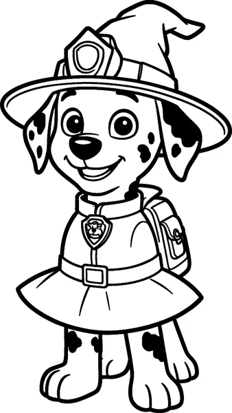 Marshall wears a witch hat over his firefighter helmet and a flared costume, with his collar badge and pup-pack.
