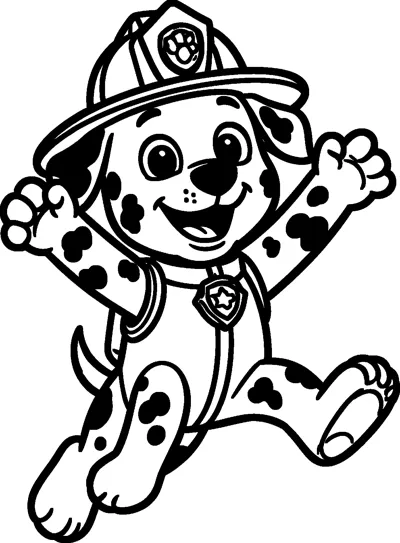 Marshall leaps in the air with both front paws raised, wearing his firefighter helmet, vest and star badge.
