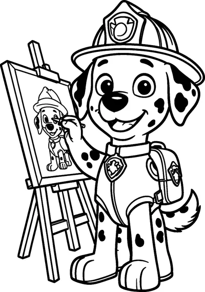 Marshall paints a picture of himself on a canvas at a wooden easel, wearing his firefighter helmet and pup-pack.