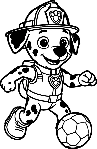 Marshall runs towards a football with one paw raised, wearing his firefighter helmet, vest, badge and pup-pack.