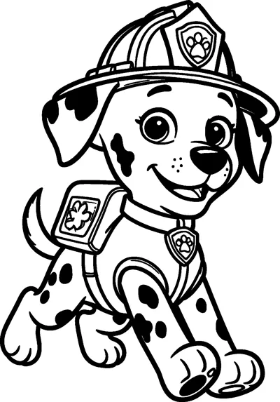 Marshall runs along with a big happy grin, wearing his firefighter helmet, collar badge and pup-pack.