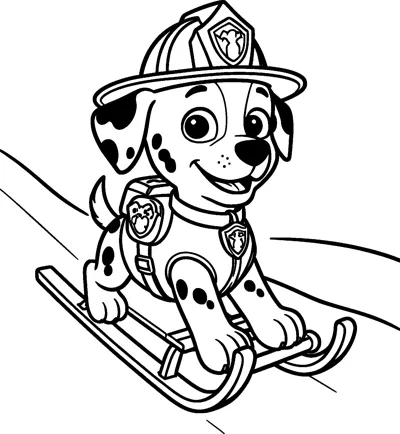 Marshall rides a wooden sled down a snowy hill, wearing his firefighter helmet, vest, badges and pup-pack.