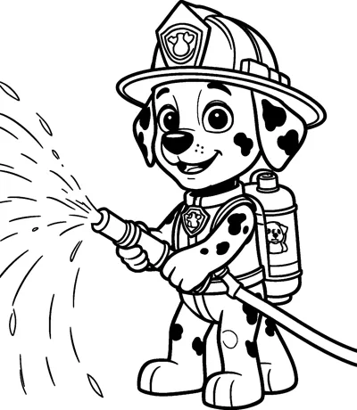Marshall holds a fire hose and sprays a wide arc of water, wearing his firefighter helmet, badge and water tank.