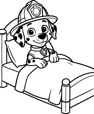 Marshall lies tucked into a wooden bed under a blanket with his head on a pillow, still wearing his firefighter helmet.