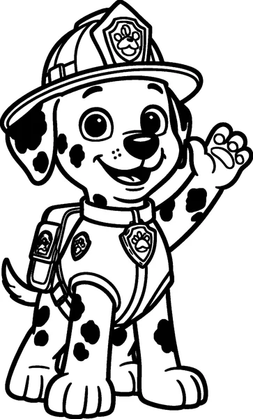 Marshall the Dalmatian pup waves one paw and smiles, wearing his firefighter helmet, vest, collar badge and pup-pack.
