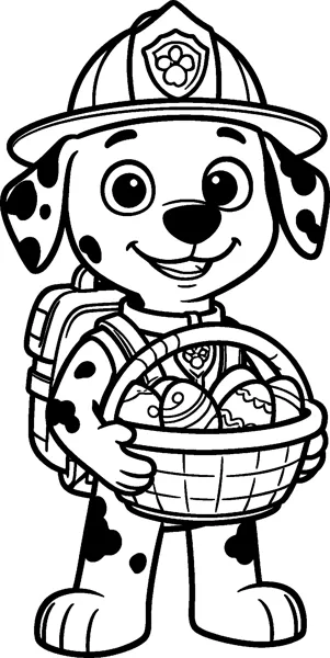 Marshall holds a woven basket full of patterned Easter eggs, wearing his firefighter helmet and pup-pack.