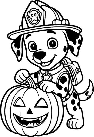 Marshall stands behind a big grinning jack-o'-lantern pumpkin, wearing his firefighter helmet, vest and pup-pack.