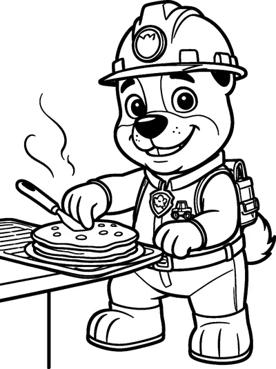 Rubble flips a stack of pancakes with a spatula at a kitchen counter, wearing his hard hat and pup-pack.