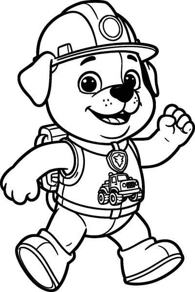 Rubble dances along with one paw raised and a big smile, wearing his hard hat, vest, badge and a truck emblem.