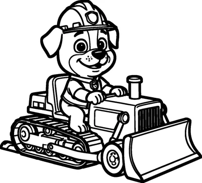 Rubble sits at the controls of a bulldozer with a big front scoop and tracks, wearing his hard hat and badge.