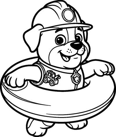 Rubble floats inside a big swim ring with his paws on the edge, wearing his hard hat and a vest with a bulldozer badge.