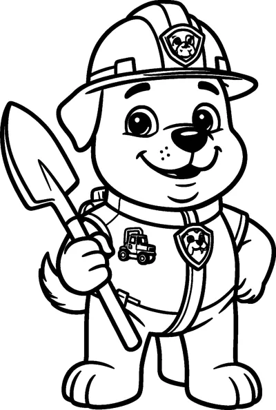 Rubble the bulldog pup stands proudly holding a big shovel, wearing his construction hard hat, vest and collar badge.