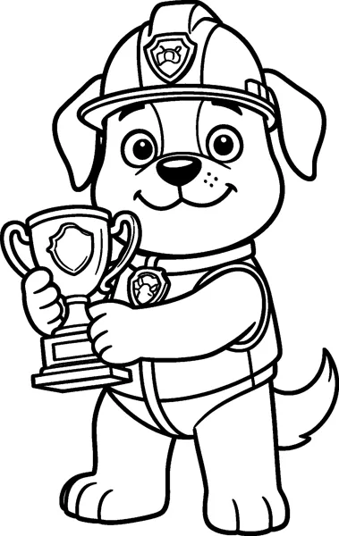 Rubble proudly holds a shiny trophy with a shield on it, wearing his hard hat, vest and collar badge.