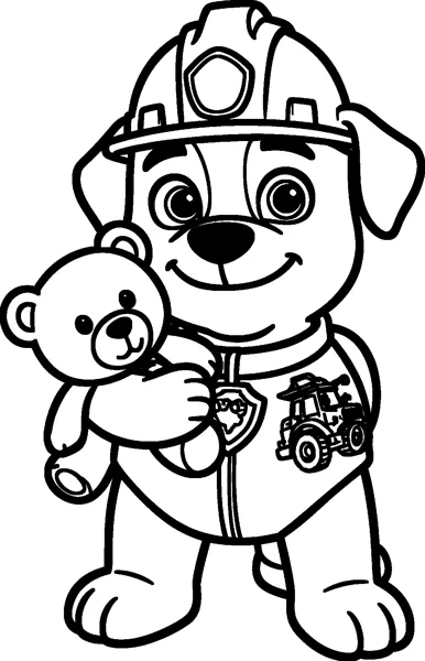 Rubble the bulldog pup hugs a teddy bear close, wearing his construction hard hat and a vest with a badge.