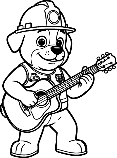 Rubble strums an acoustic guitar with a happy smile, wearing his construction hard hat and a vest with a truck badge.