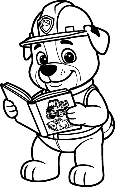 Rubble holds open a book with pictures of a truck and a puppy, wearing his construction hard hat with a badge.