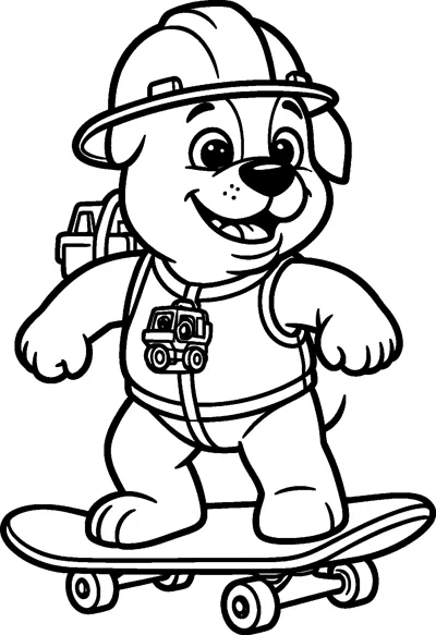 Rubble balances on a skateboard with his arms out, wearing his hard hat and a vest with a truck badge.