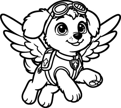 Skye the fluffy cockapoo pup flies through the air with feathered wings from her pup-pack and goggles on her cap.