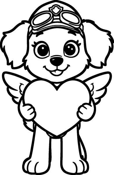 Skye holds a large heart in front of her with both paws, wearing her pilot goggles and little pink wings.