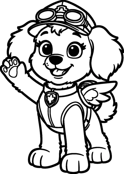 Skye the fluffy cockapoo pup waves one paw, wearing her pilot cap with goggles, vest, badge and winged pup-pack.