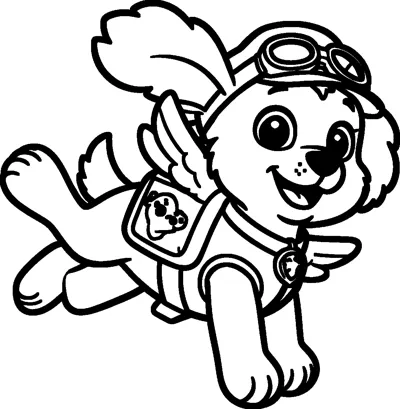 Skye zooms through the air with her ears flying back, little wings on her pup-pack and pilot goggles on her cap.