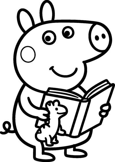 George Pig stands holding an open book in one hand and his toy dinosaur in the other, smiling.