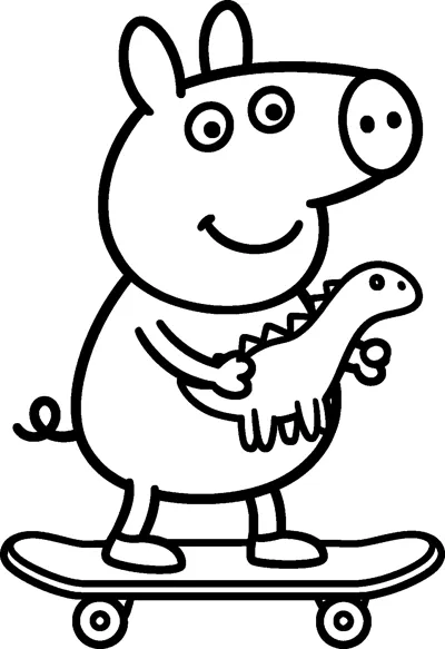 George Pig rides a skateboard while hugging his spiky toy dinosaur, smiling as he rolls along.