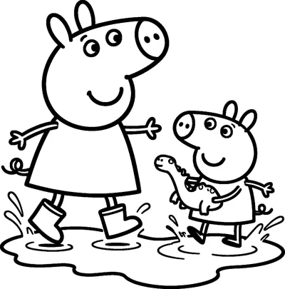 Peppa Pig and her little brother George splash happily in a big muddy puddle while George holds his toy dinosaur.