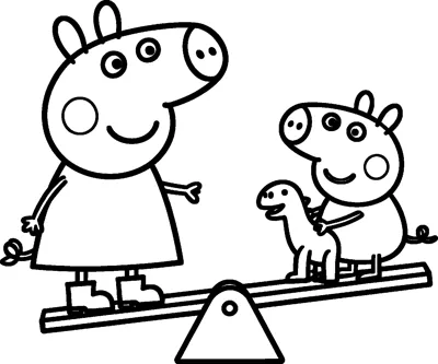 Peppa Pig stands on one end of a seesaw while George sits on the other end with his toy dinosaur.