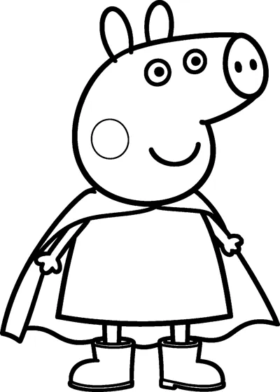 Peppa Pig stands with a wide superhero cape draped over her shoulders, holding its edges in both hands.