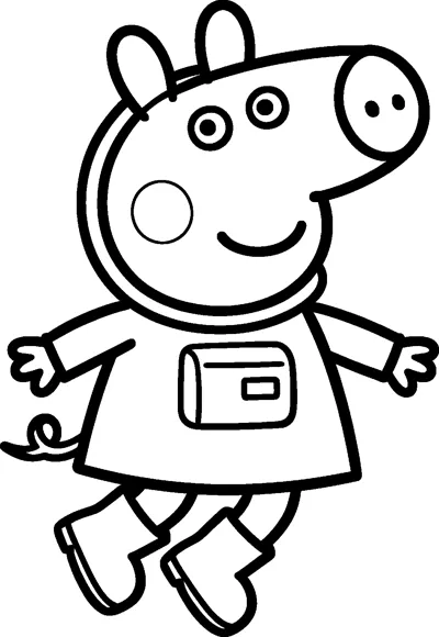 Peppa Pig floats in an astronaut suit with a round space helmet, chest control panel and big space boots.