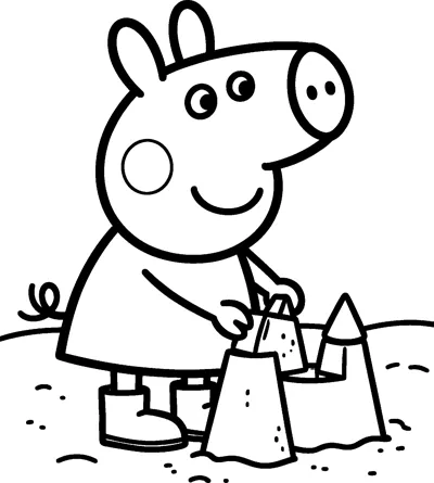 Peppa Pig builds a sandcastle on the beach with tall pointed towers, holding a bucket as she works.