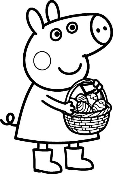 Peppa Pig holds a woven basket filled with patterned Easter eggs, smiling as she stands in her boots.