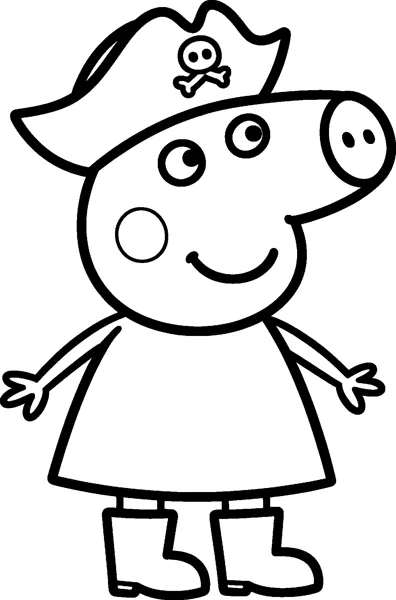 Peppa Pig wears a pirate hat with a skull and crossbones, standing with her arms out in her boots.